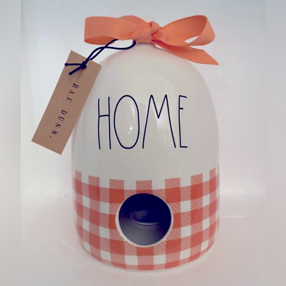 NEW Rae Dunn Home Plaid Birdhouse Coral Peach